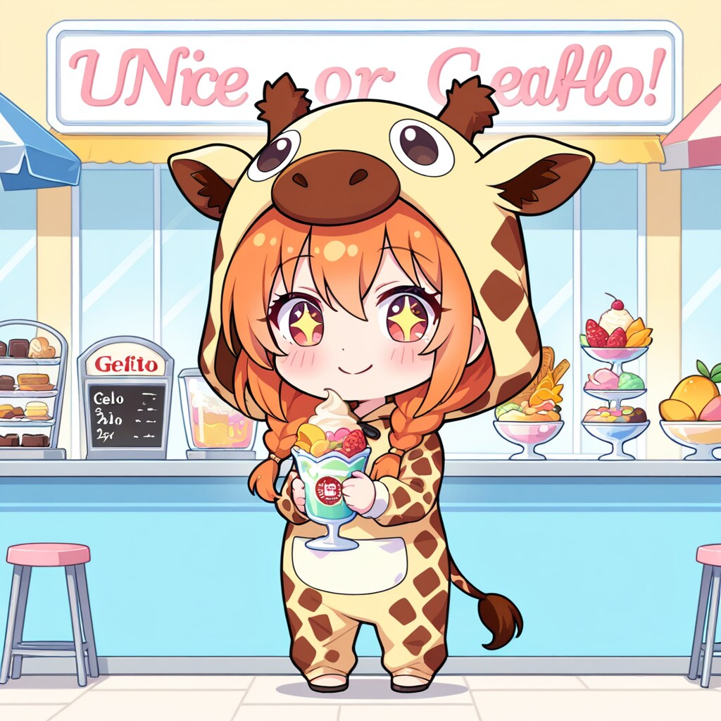 ジェラートを食べるキリン着ぐるみちび子ちゃん | の人気AIイラスト・グラビア