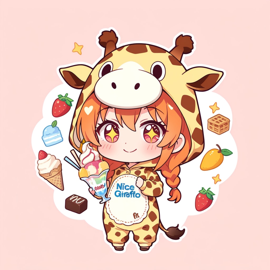 ジェラートを食べるキリン着ぐるみちび子ちゃん