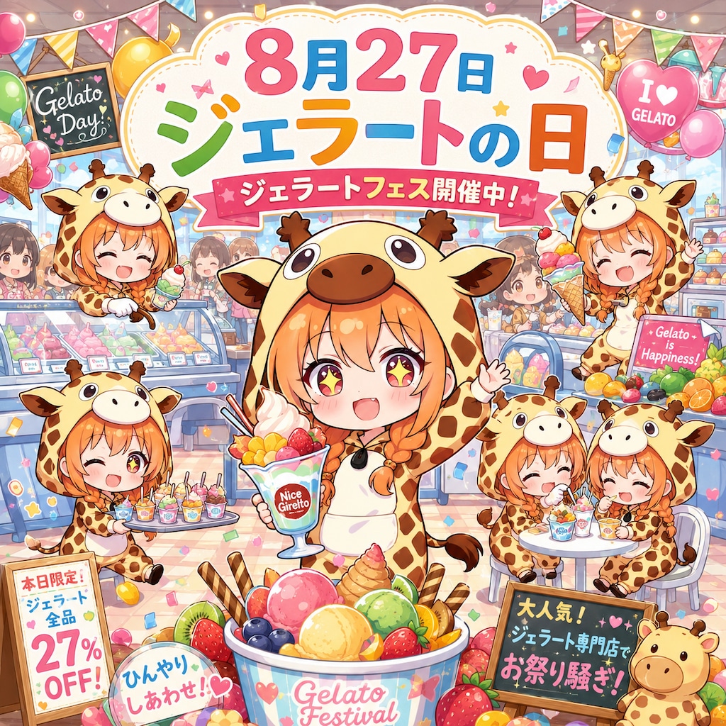 ジェラートを食べるキリン着ぐるみちび子ちゃん