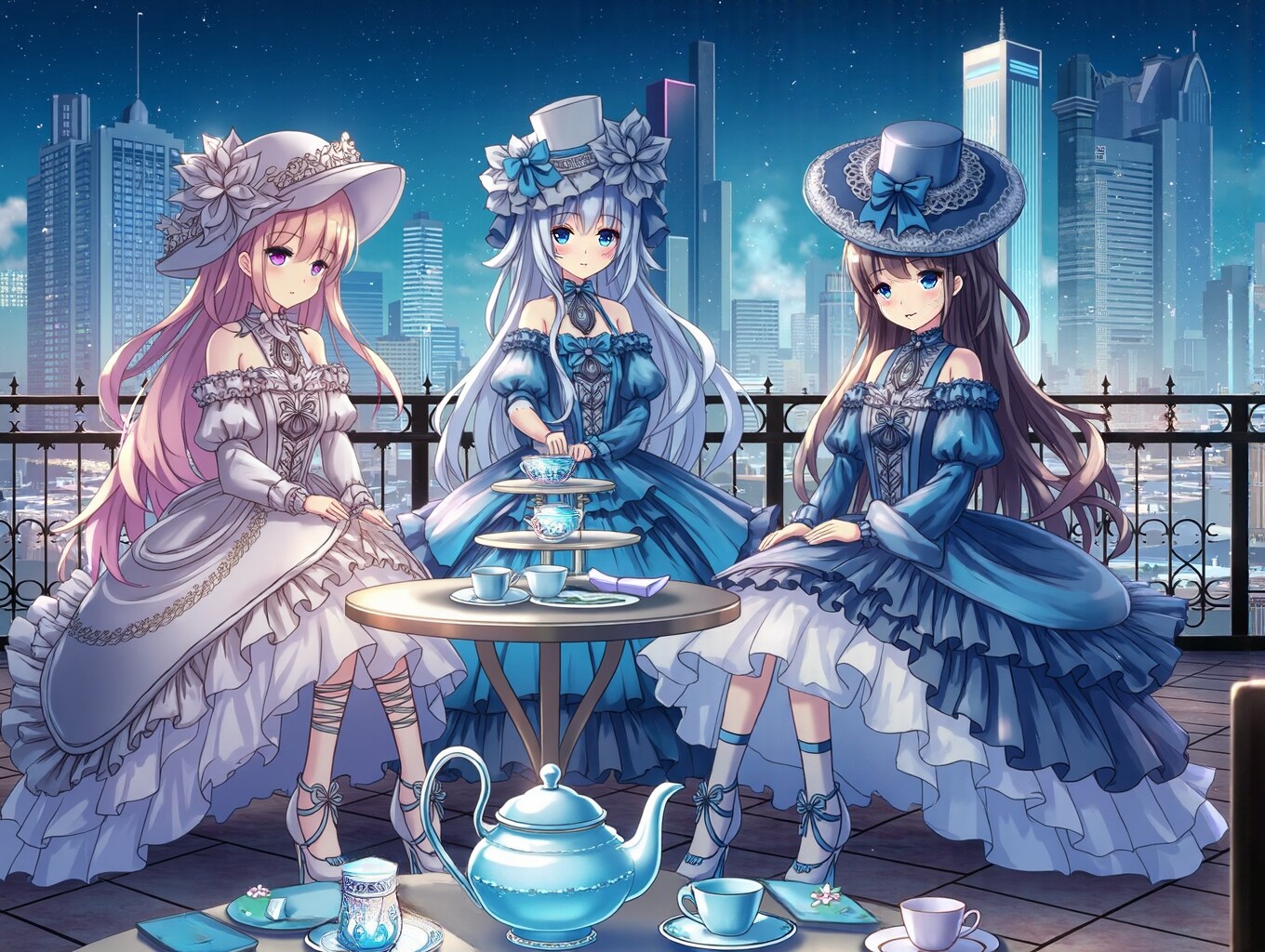 屋上で夜のお茶会