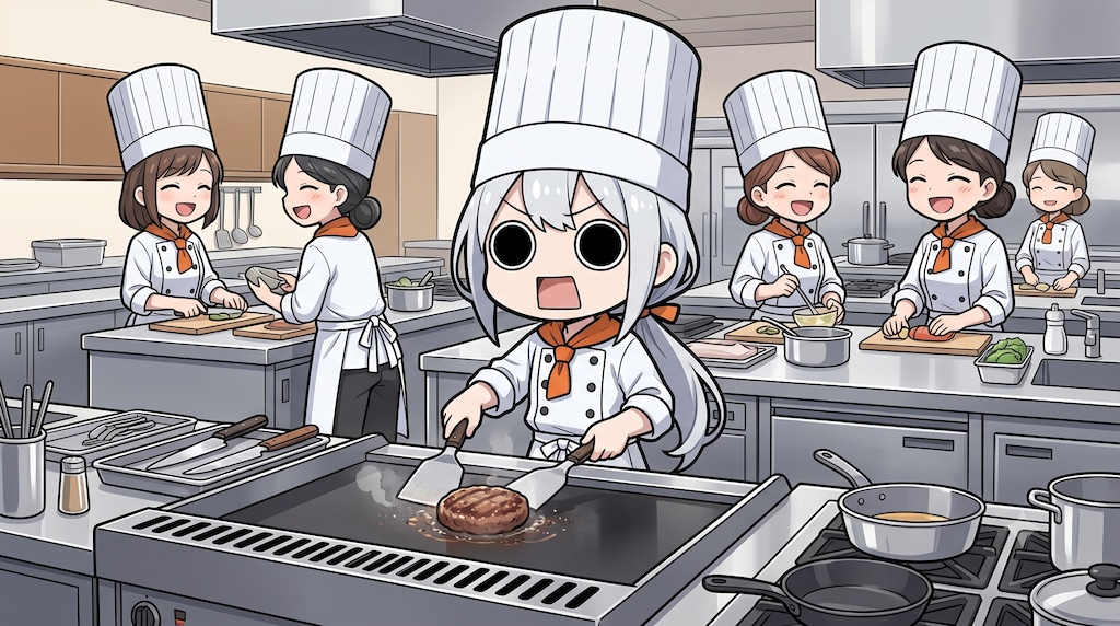 ハンバーグを焼くえらいこっちゃ嬢