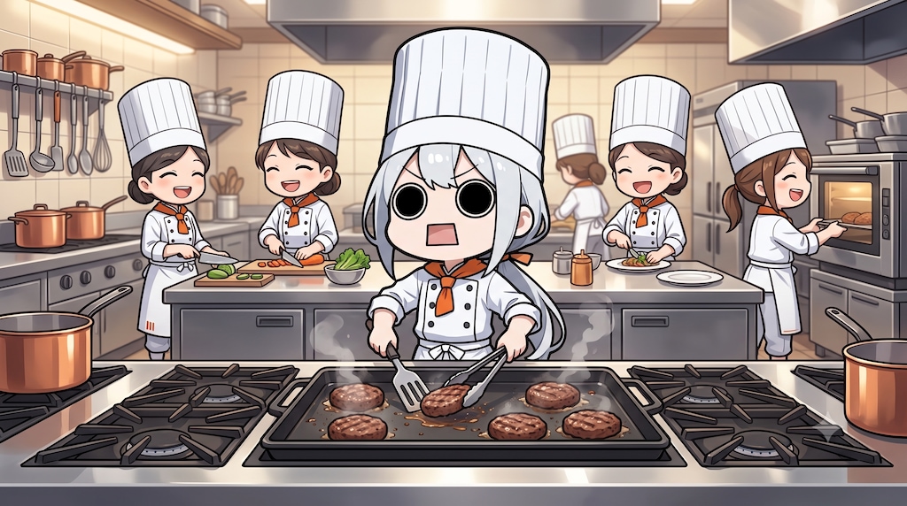 ハンバーグを焼くえらいこっちゃ嬢