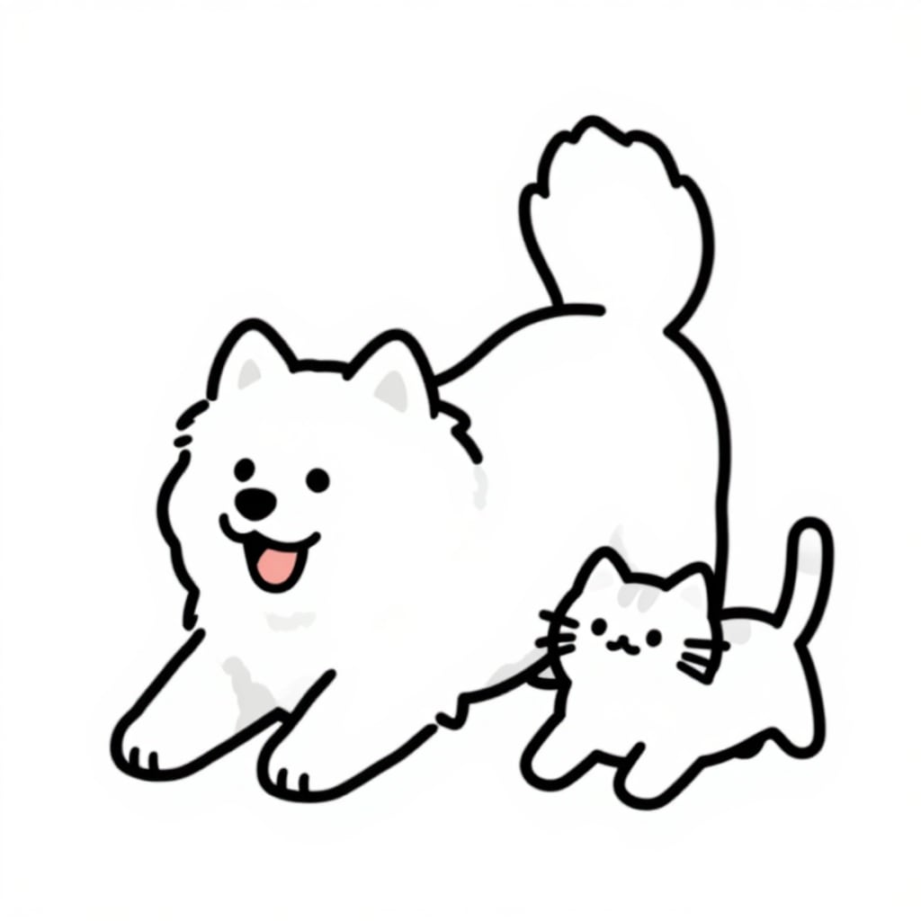 今起きた　サモエドんと子猫さん