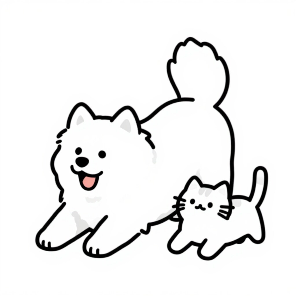 今起きた　サモエドんと子猫さん