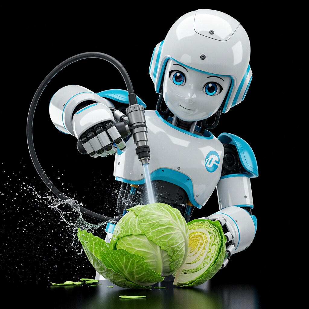 ウォータージェットガンでキャベツを切る美形のロボット