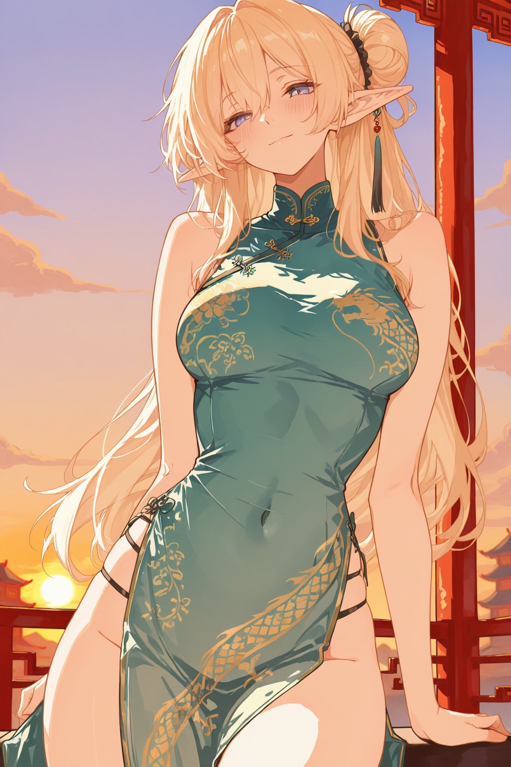 夕日を背にするチャイナドレス姿のエルフ