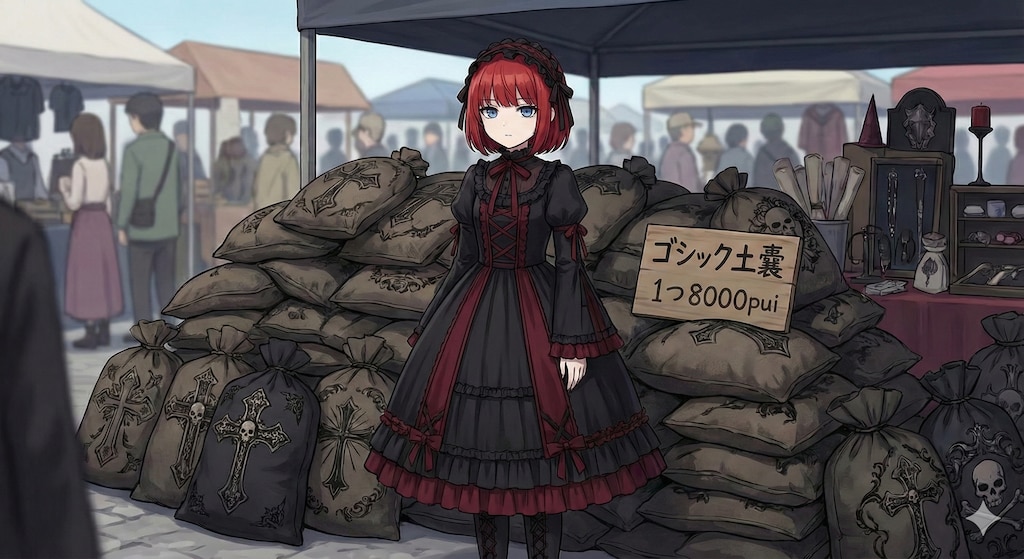 フリマでゴシック土嚢を売るリコちゃん
