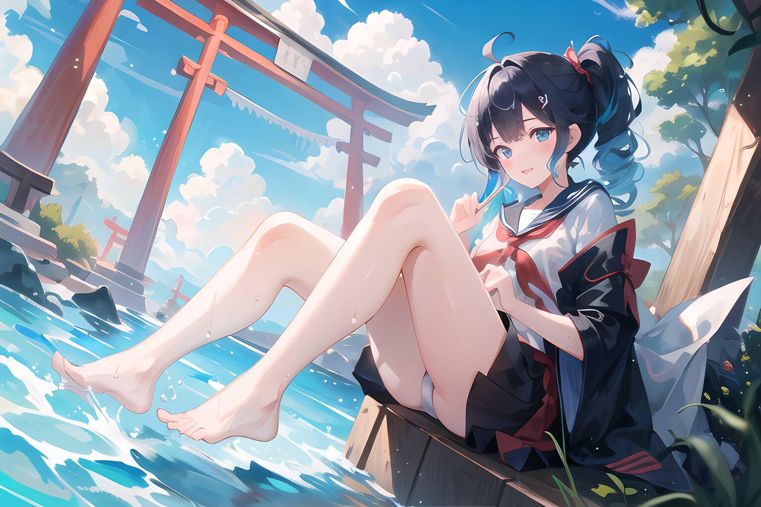 セーラー服少女、海、鳥居