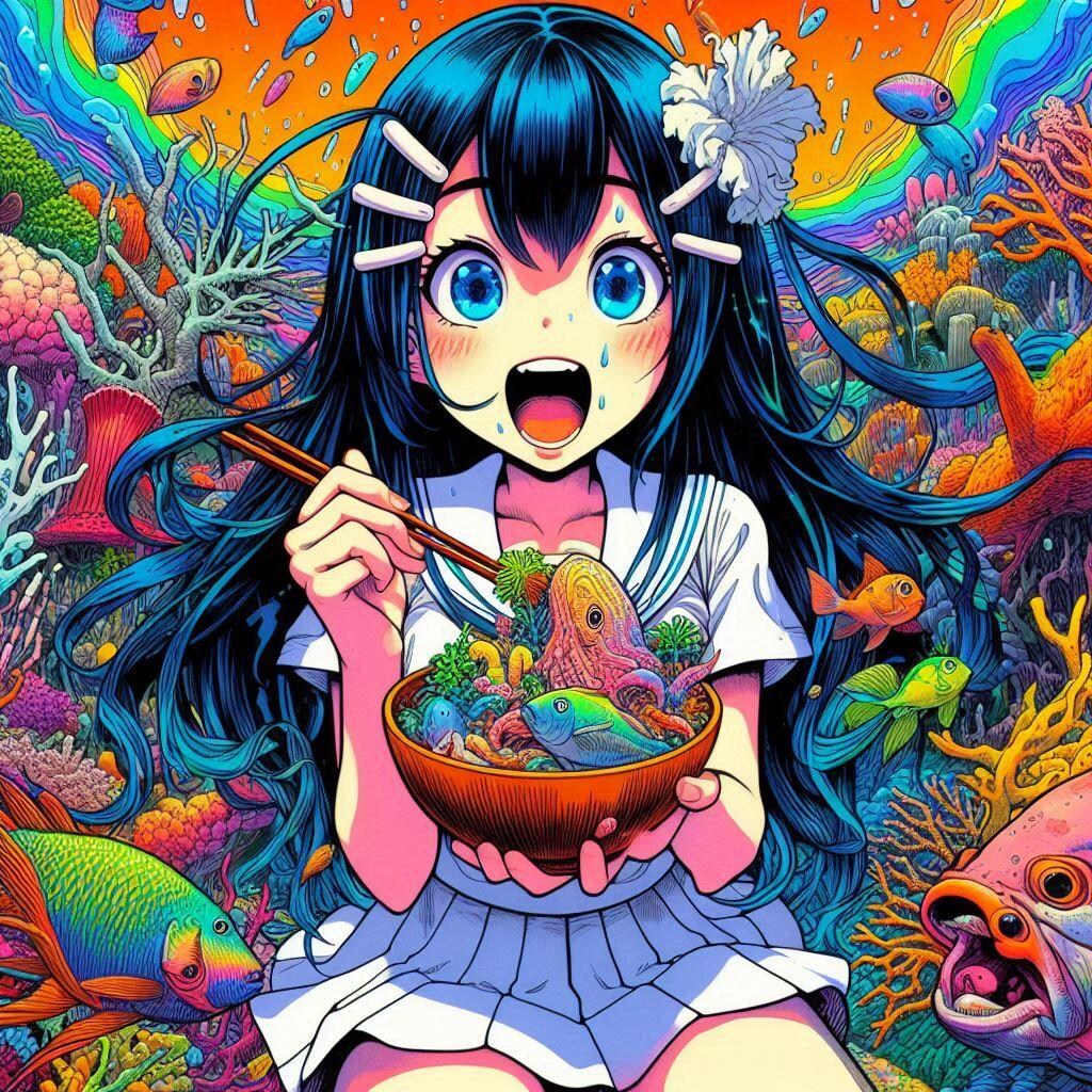 （いろんな画風）チサちゃん海底で海鮮丼を食べる