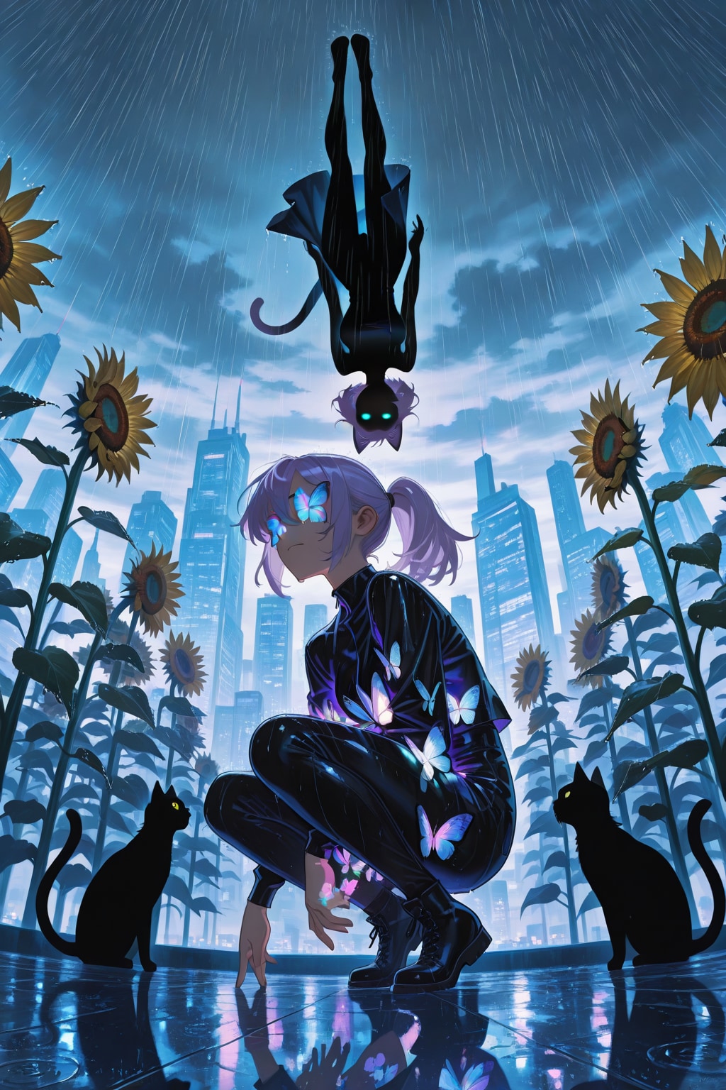 紫髪ちゃんと猫とひまわり