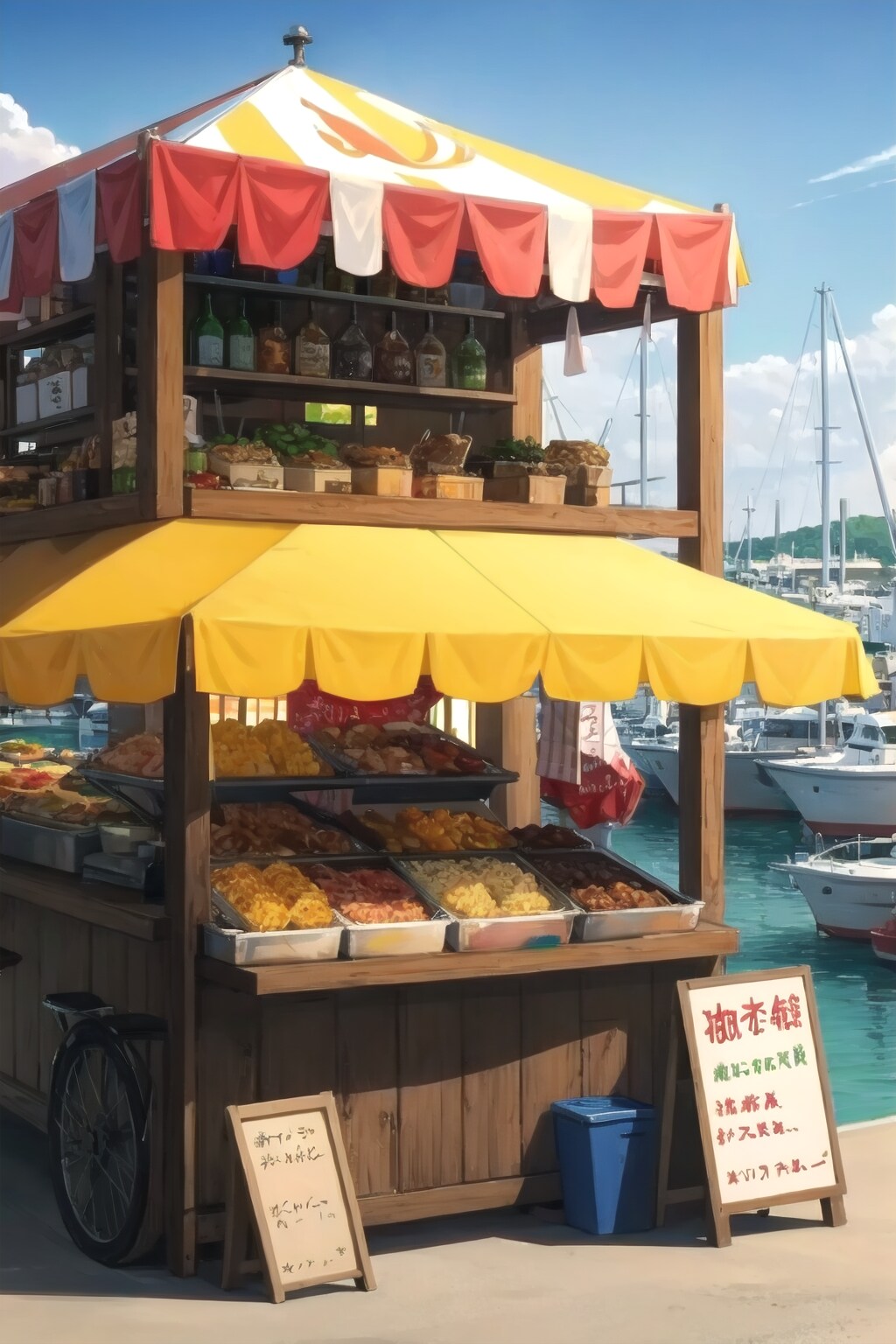 日本語プロンプト２つで生成：港、屋台 | の人気AIイラスト・グラビア