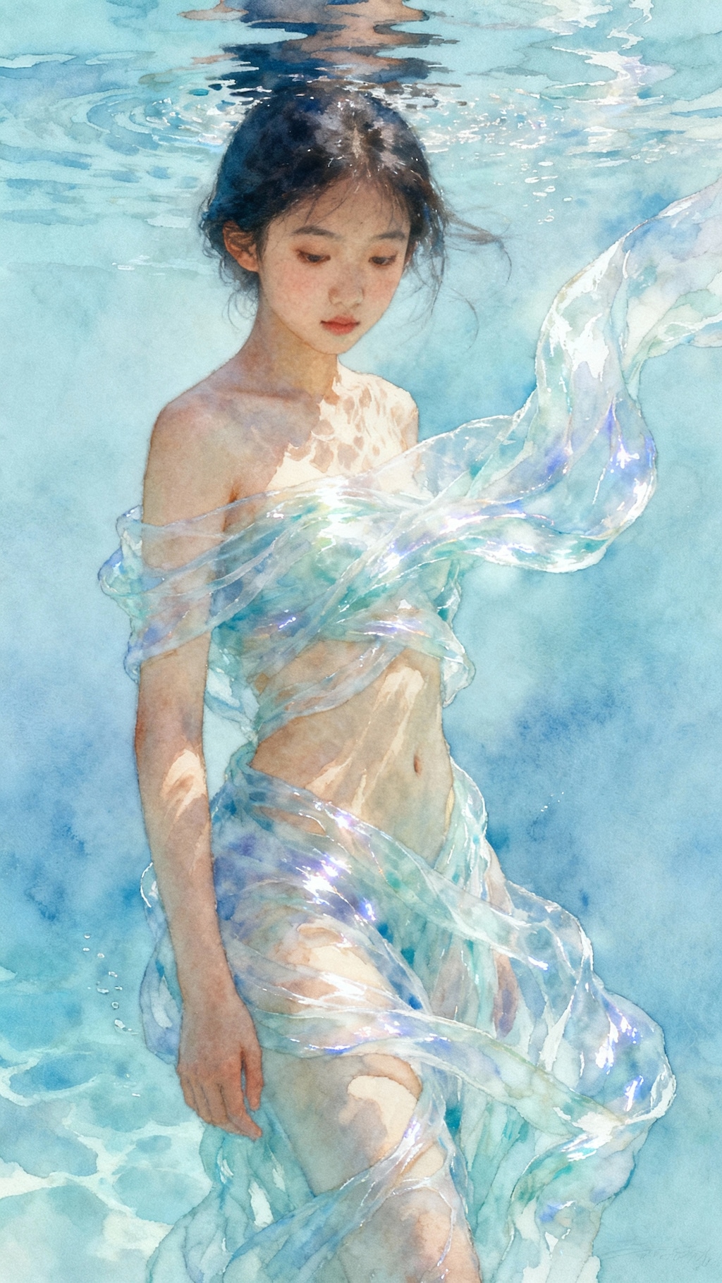 水のヴェールを全身に纏った少女の全身像(Seedreamは日本語での入力の方がイメージから外れにくい気がします)