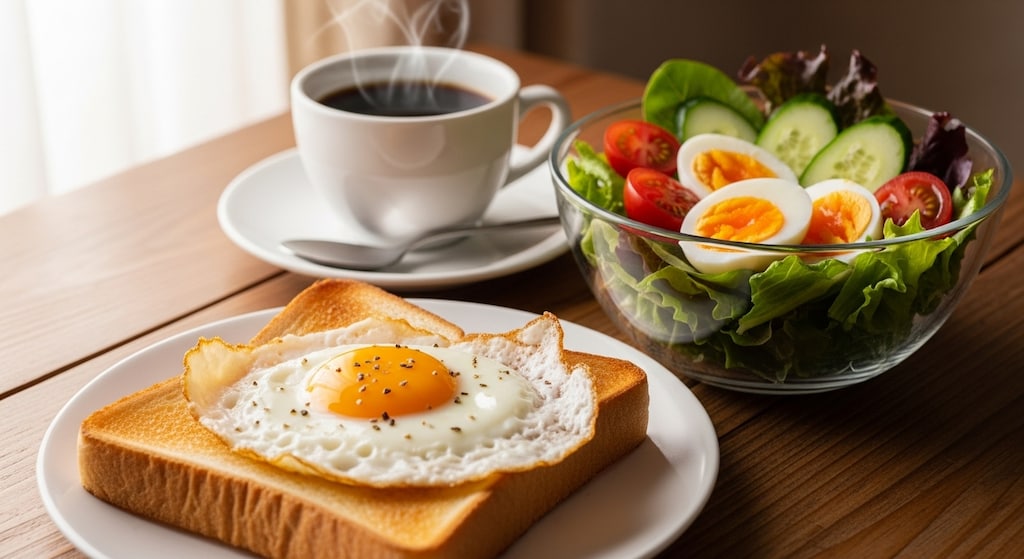摩訶不思議食堂のゆで卵サラダと目玉焼きトースト