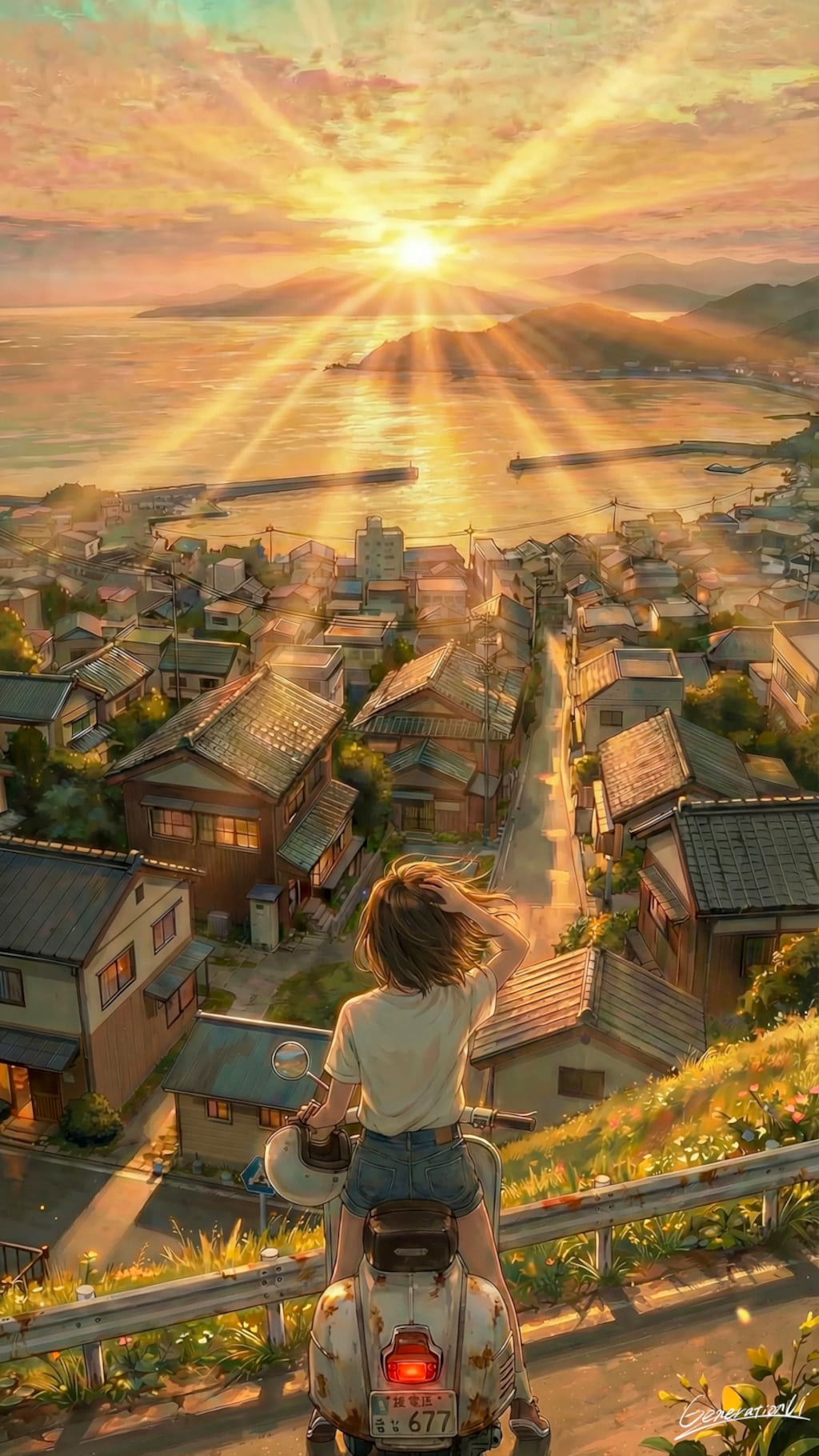 朝日に照らされる港町／スマホ壁紙アーカイブ