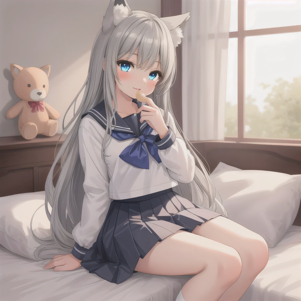 灰髪ロングで寝室の少女４