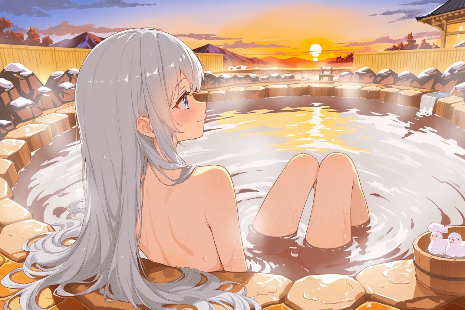 露天風呂と夕日と銀髪ちゃん