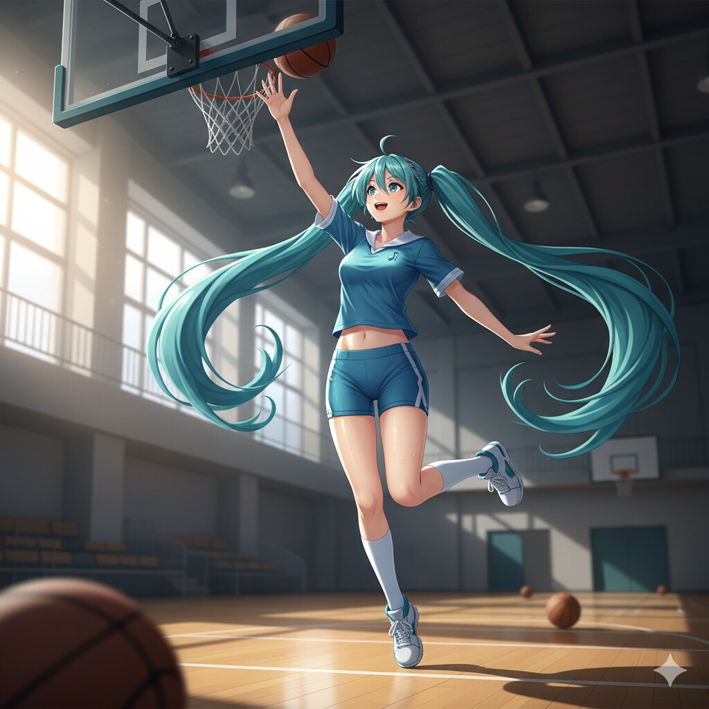 バスケットボールをしているミクさん