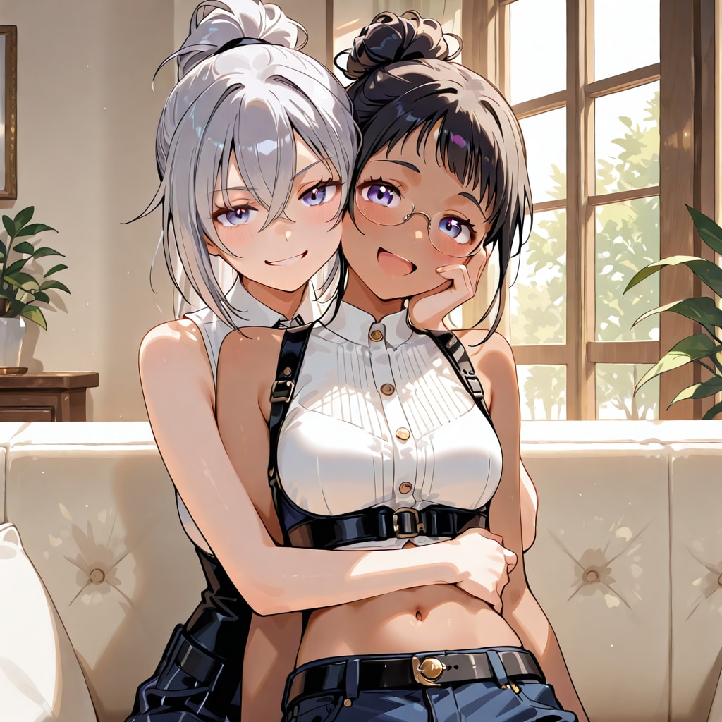 後ろから抱き着いて、若干見える巨乳の要素：うちの子（イク＆満） | の人気AIイラスト・グラビア