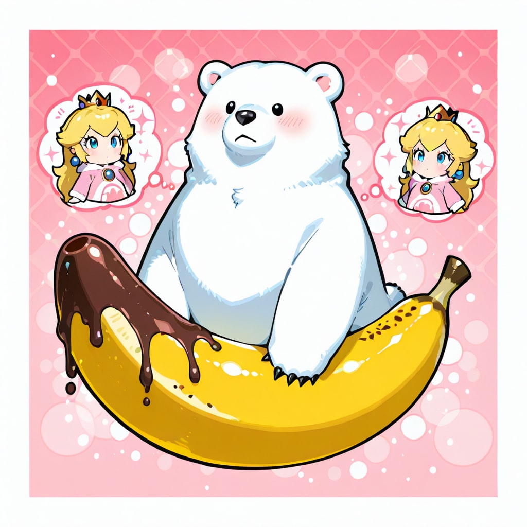 Polar bear costume riding chocolate banana