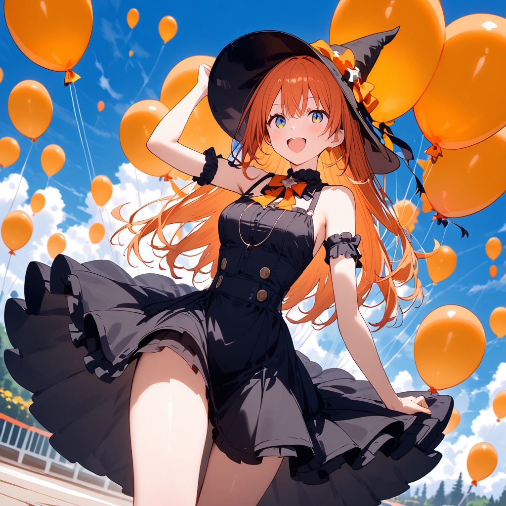 遊園地でいっぱいオレンジ色の風船を膨らませて遊ぶハロウィン衣装の美女。 | の人気AIイラスト・グラビア