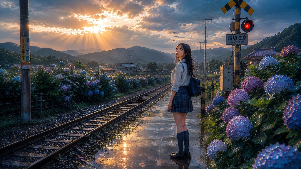 雨上がりの踏切で待つ夏の記憶