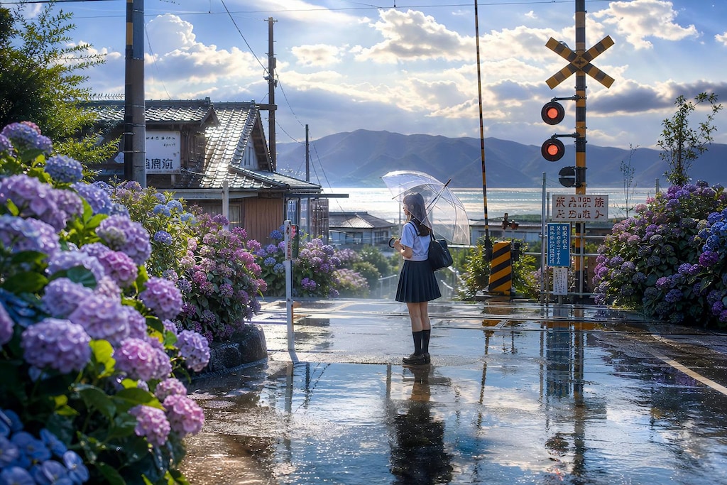 雨上がりの踏切で待つ夏の記憶