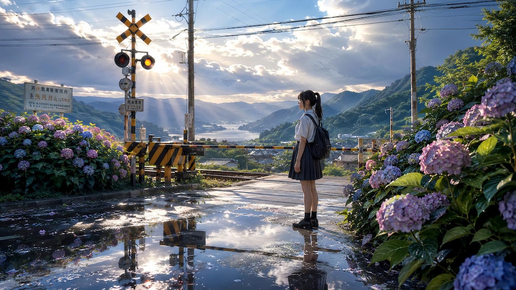 雨上がりの踏切で待つ夏の記憶