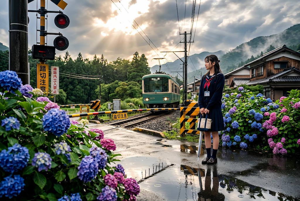 雨上がりの踏切で待つ夏の記憶