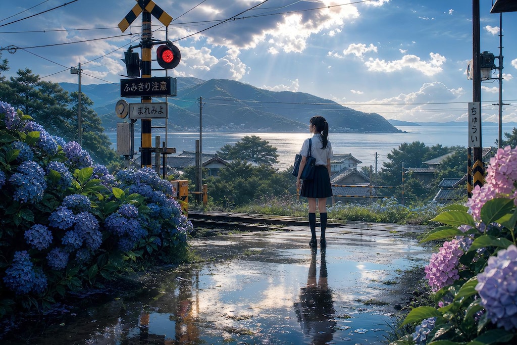 雨上がりの踏切で待つ夏の記憶