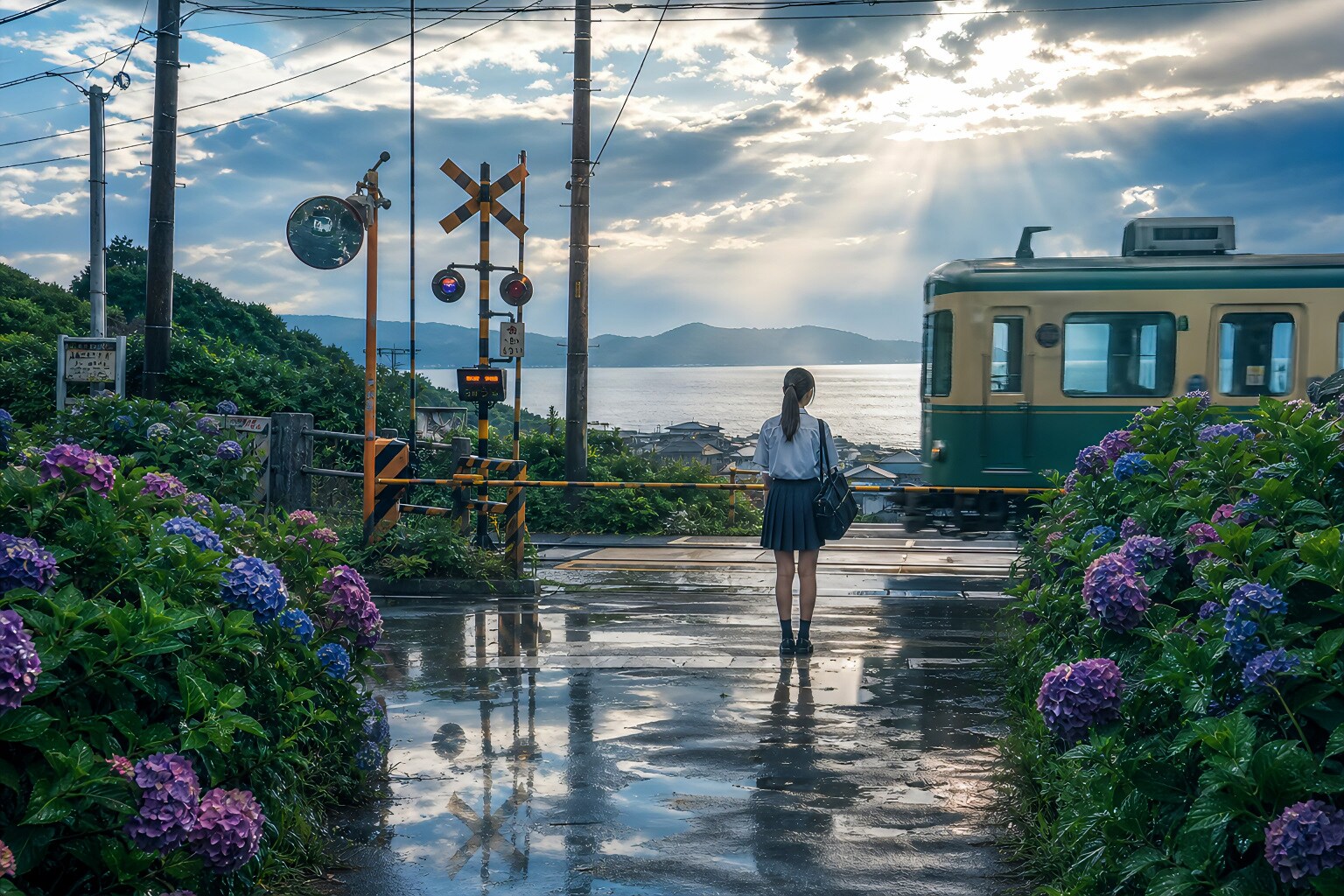 雨上がりの踏切で待つ夏の記憶