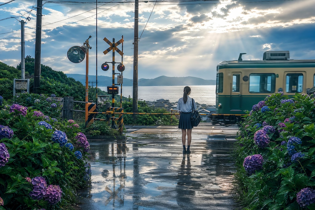 雨上がりの踏切で待つ夏の記憶