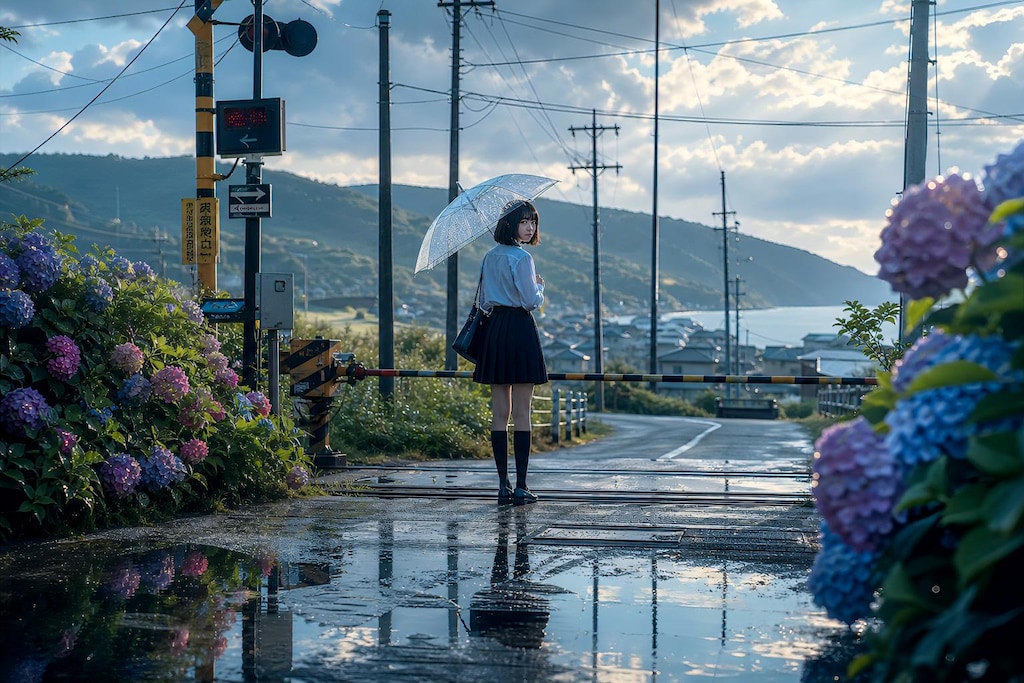 雨上がりの踏切で待つ夏の記憶