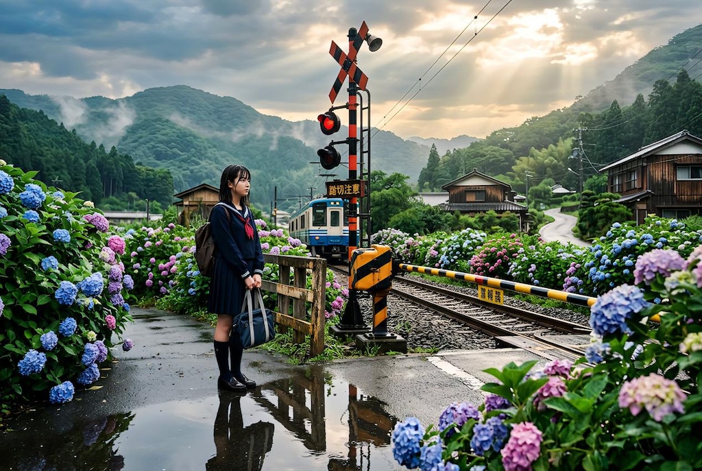 雨上がりの踏切で待つ夏の記憶