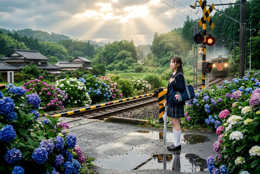 雨上がりの踏切で待つ夏の記憶
