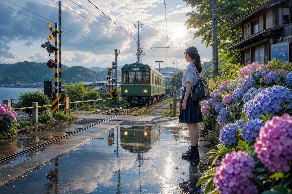 雨上がりの踏切で待つ夏の記憶