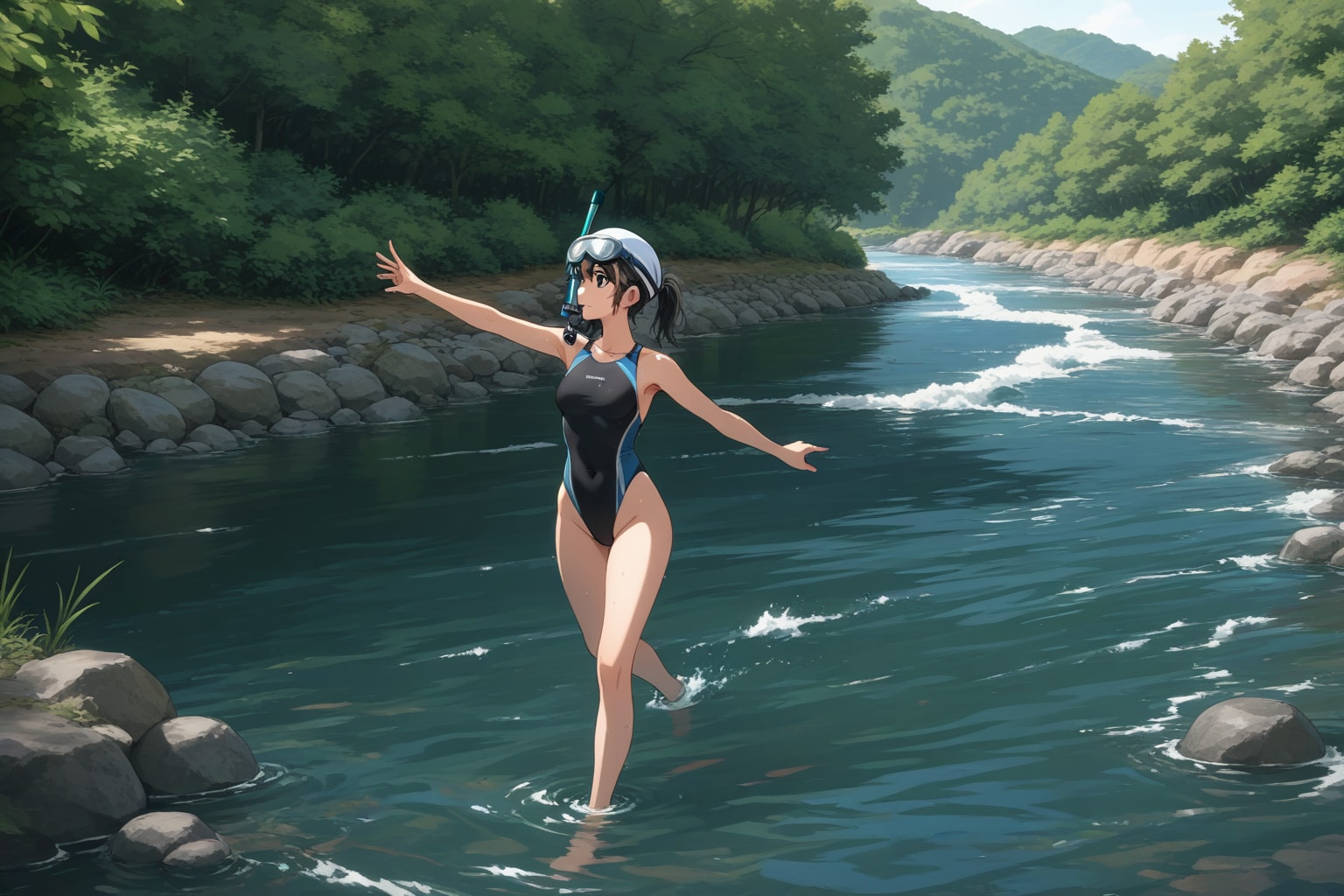 川で遊ぶ競泳水着の少女