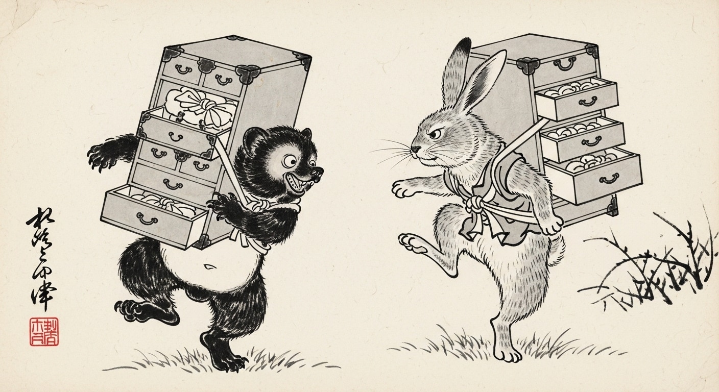 タンスを背負ってダンスバトルするたぬきとうさぎ | の人気AIイラスト・グラビア