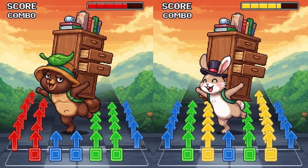 タンスを背負ってダンスバトルするたぬきとうさぎ