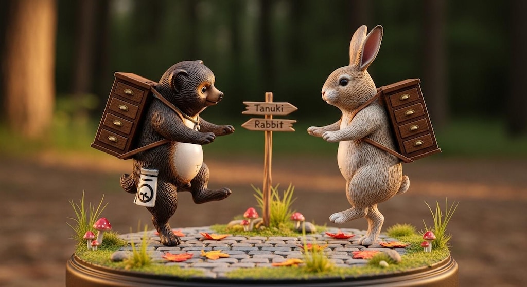 タンスを背負ってダンスバトルするたぬきとうさぎ