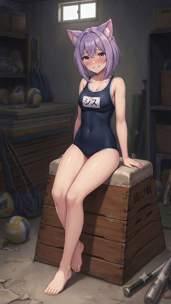 体育倉庫に二人きりのスク水のシス