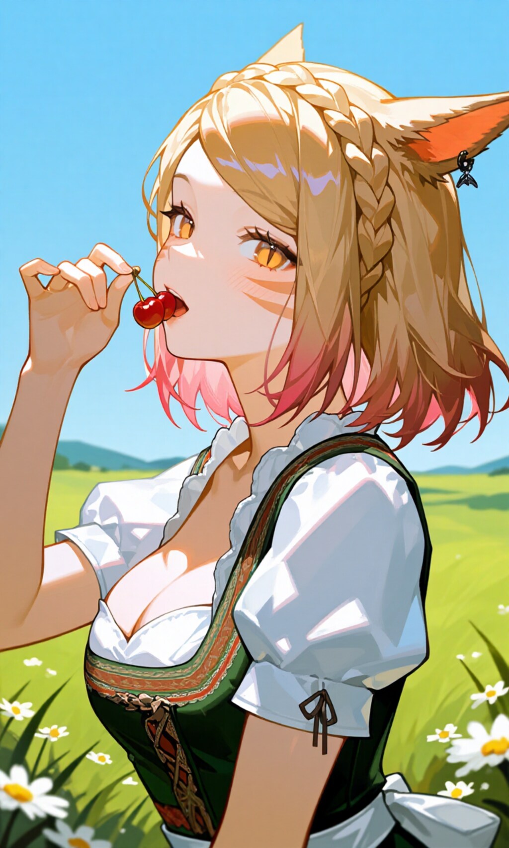 さくらんぼを食べる猫娘