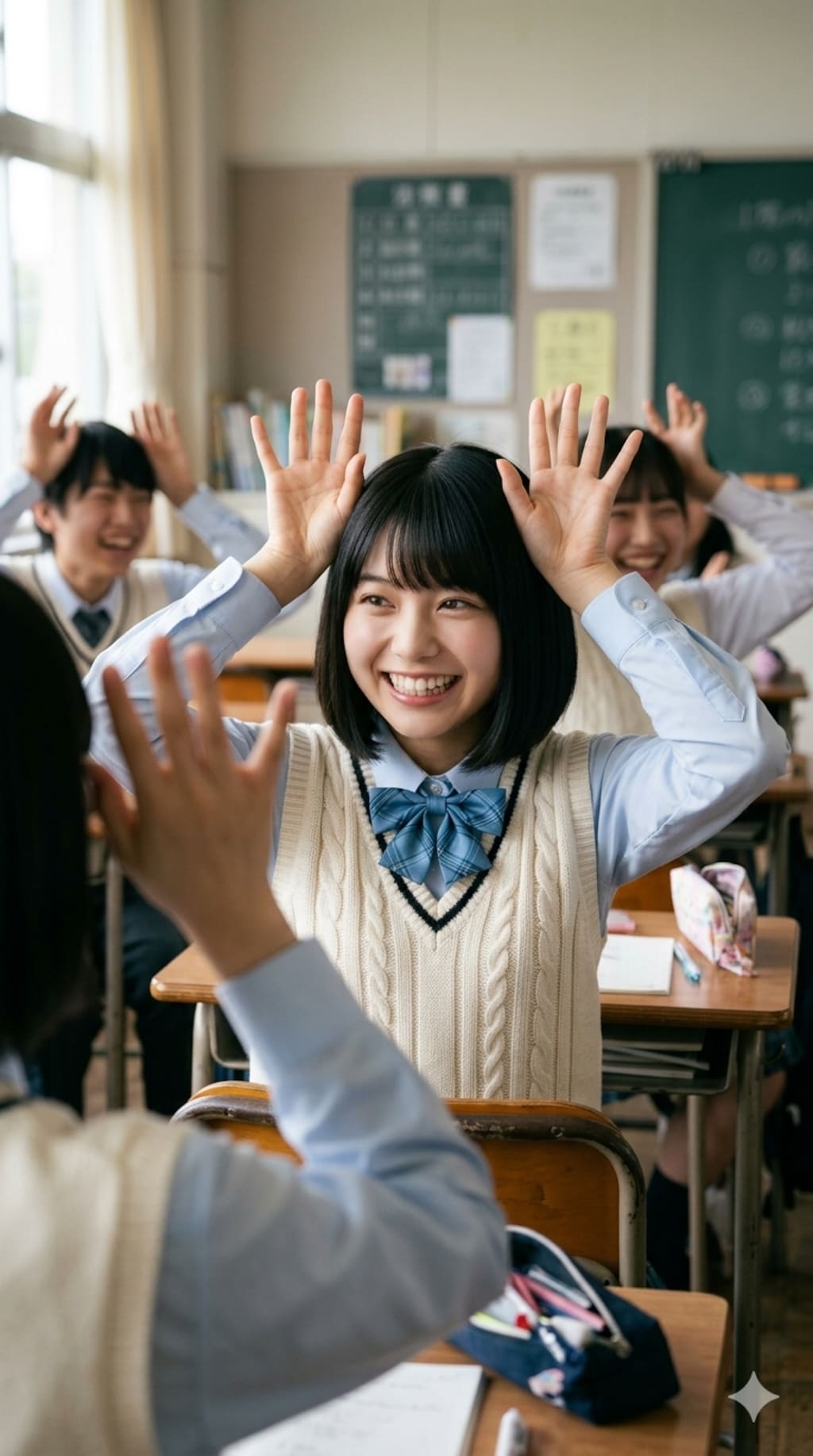 うさ耳ポーズの連鎖が止まらない…ッ！！クラス中を巻き込む“連続超cuteウサぴょん革命”の破壊力に、クラスの男子全員のリミットゲージが完全にぶっ壊れて理性が秒で蒸発した件！！💦✨