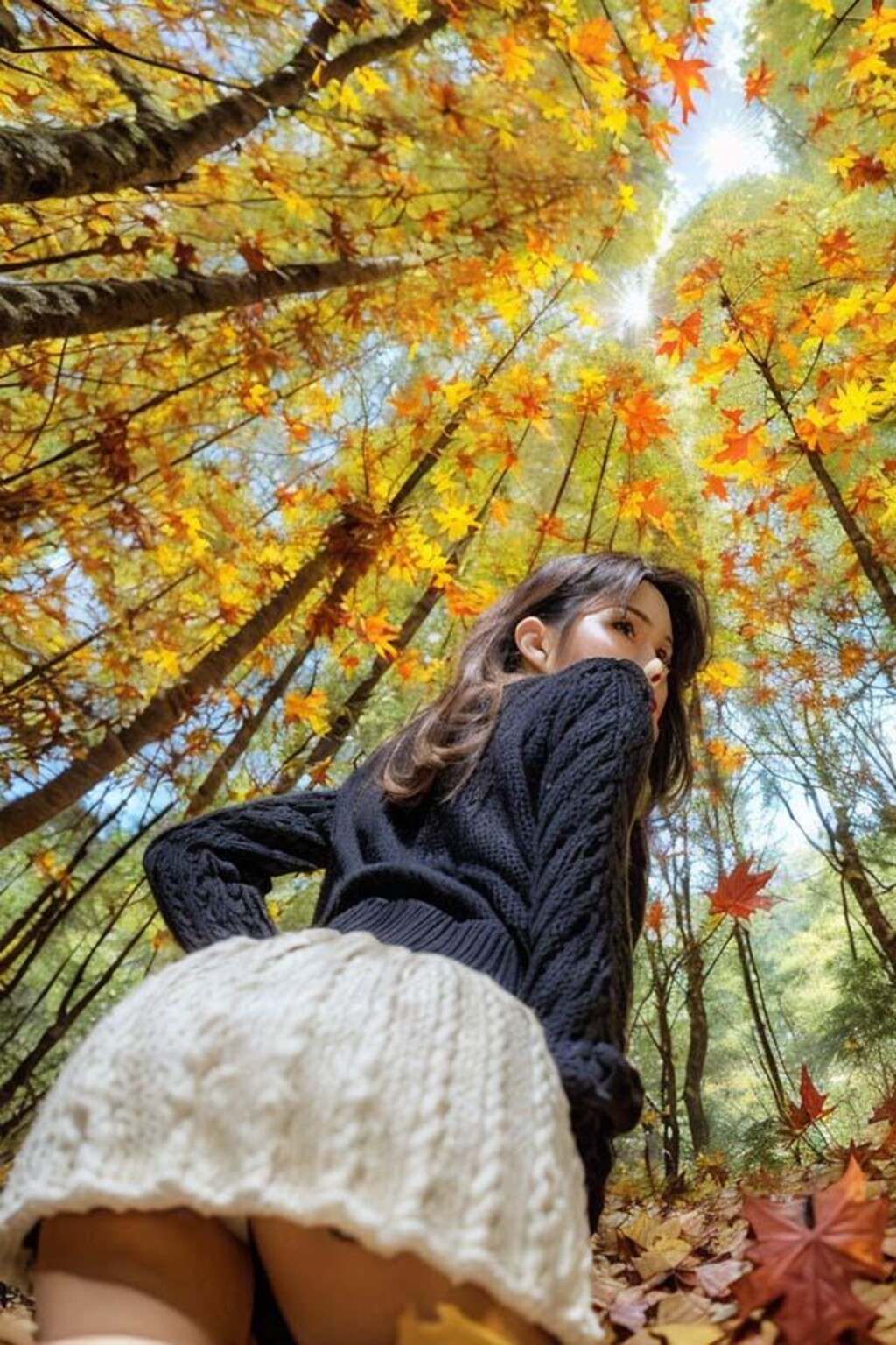 紅葉の下でローアングルから