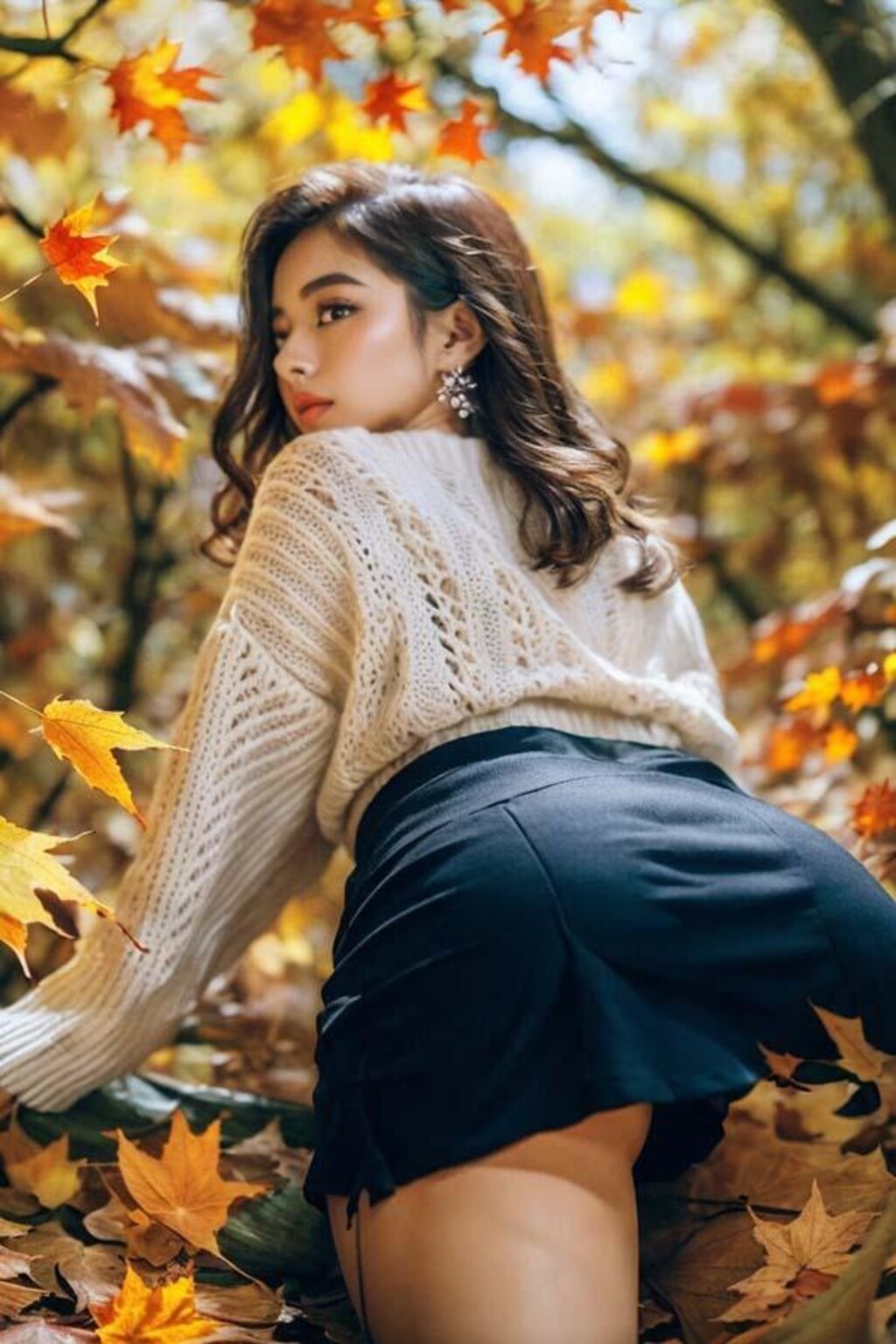 紅葉の下でローアングルから