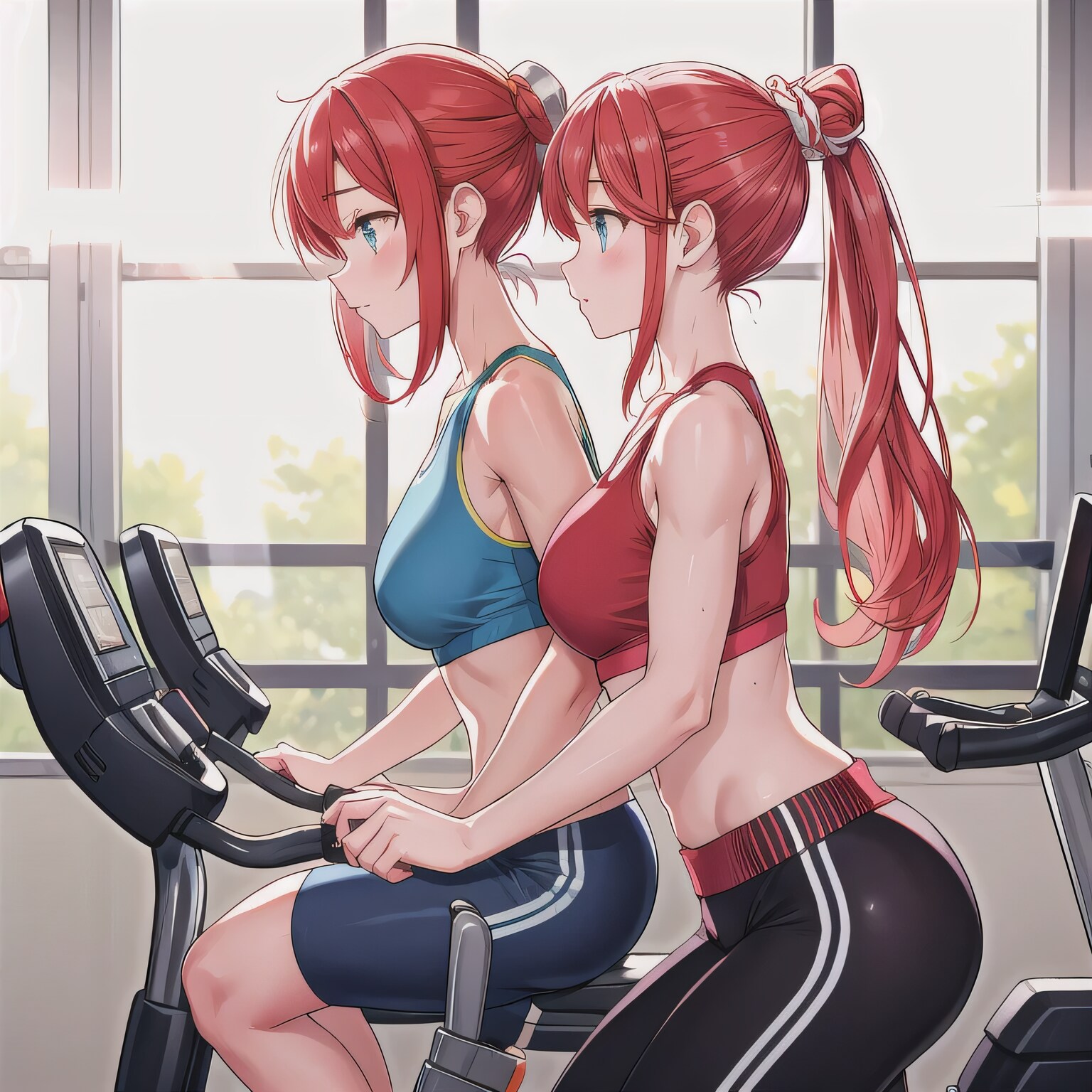 赤髪ポニテでエアロバイクの少女たち | の人気AIイラスト・グラビア