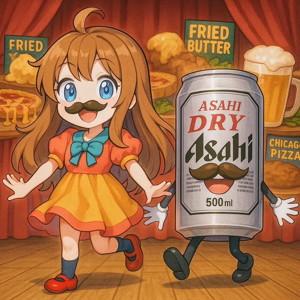ヒゲダンスを踊るビール缶と小さな女の子