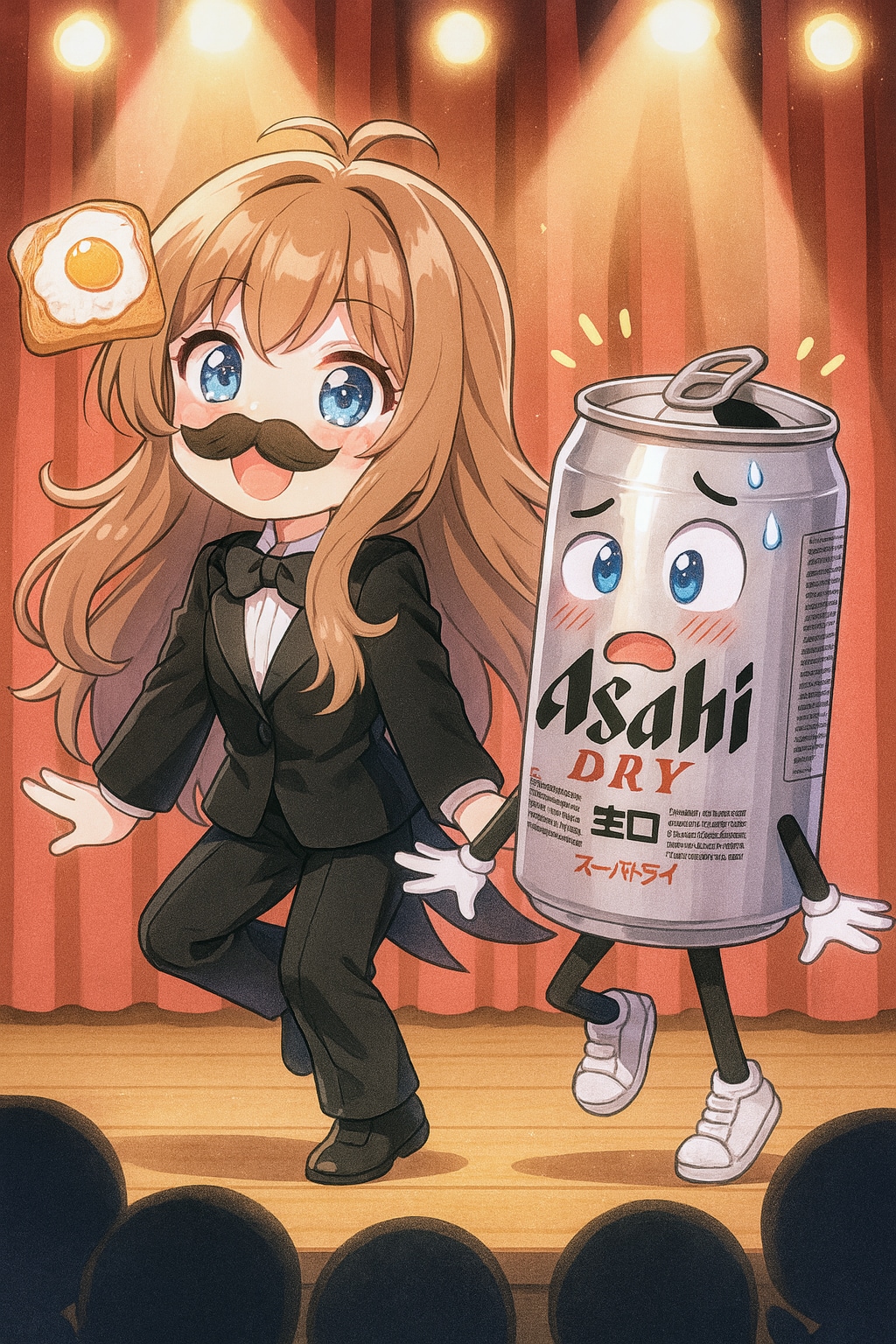 ヒゲダンスを踊るビール缶と小さな女の子