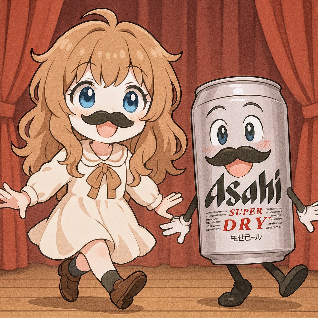 ヒゲダンスを踊るビール缶と小さな女の子