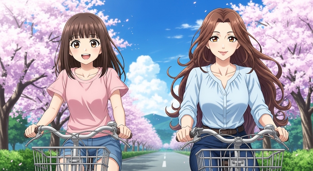 自転車に乗る母娘