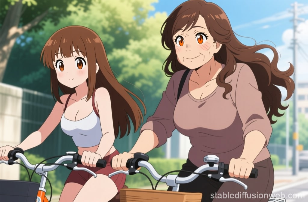 自転車に乗る母娘